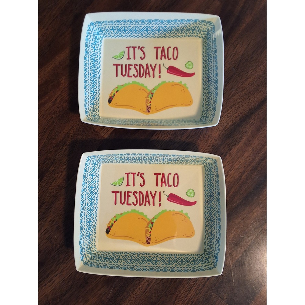 Novogratz Its Taco Tuesday Melamine Plates Set of 2 Square Teal White 9x7.5